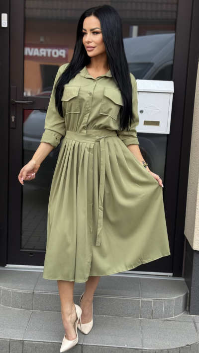 Elegantne dámske šaty so skladanou sukňou – KAKI farba